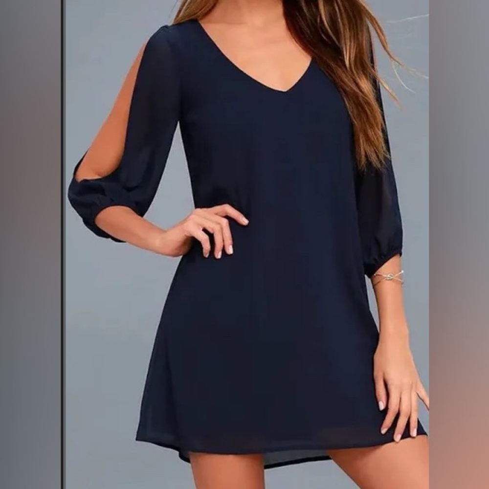 Lulus Shifting Dears Dress Women's L Navy Split Sleeves V Neck Lined